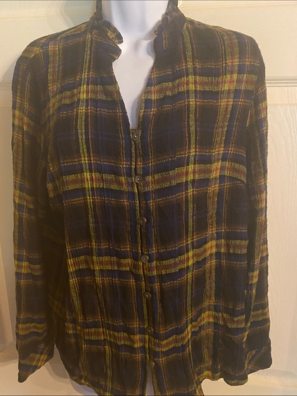 J. Jill Plaid Button-Up Shirt Jacket in Navy and Yellow
